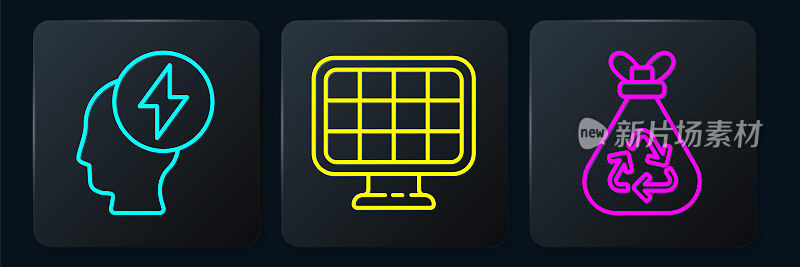 Set line Head and electric symbol, Garbage bag with recycle and Solar energy panel. Black square button. Vector